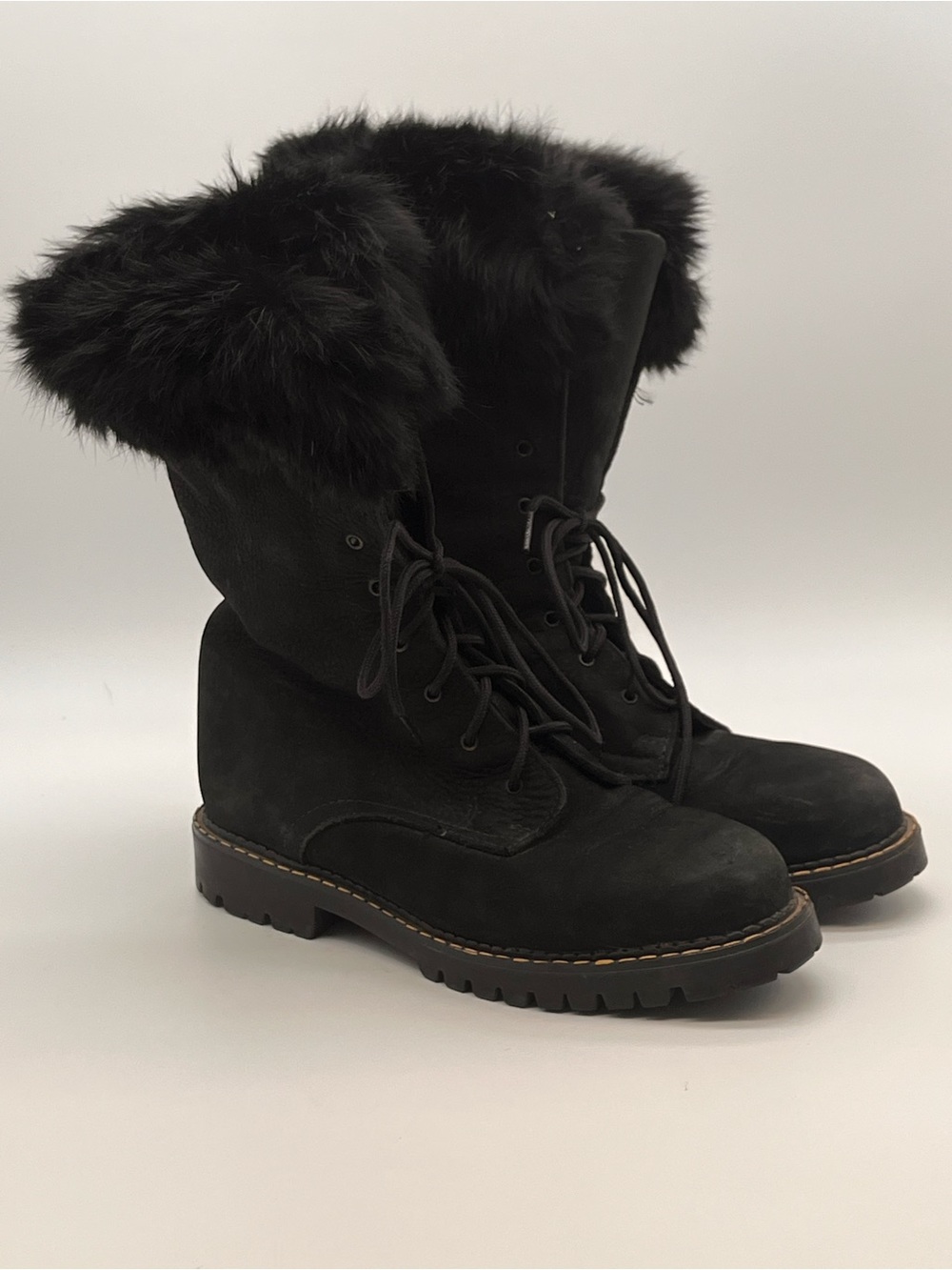Sorel Black Lace-Up Leather Rabbit Fur Trim Winter Boots Women's 9 Mid Calf 2"